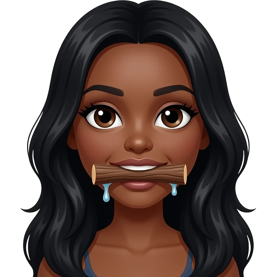 Pretty Black long hair black Female Heart eye emoji with wood log stuffed in mouth (wood vertical ). And mouth watering. emoji