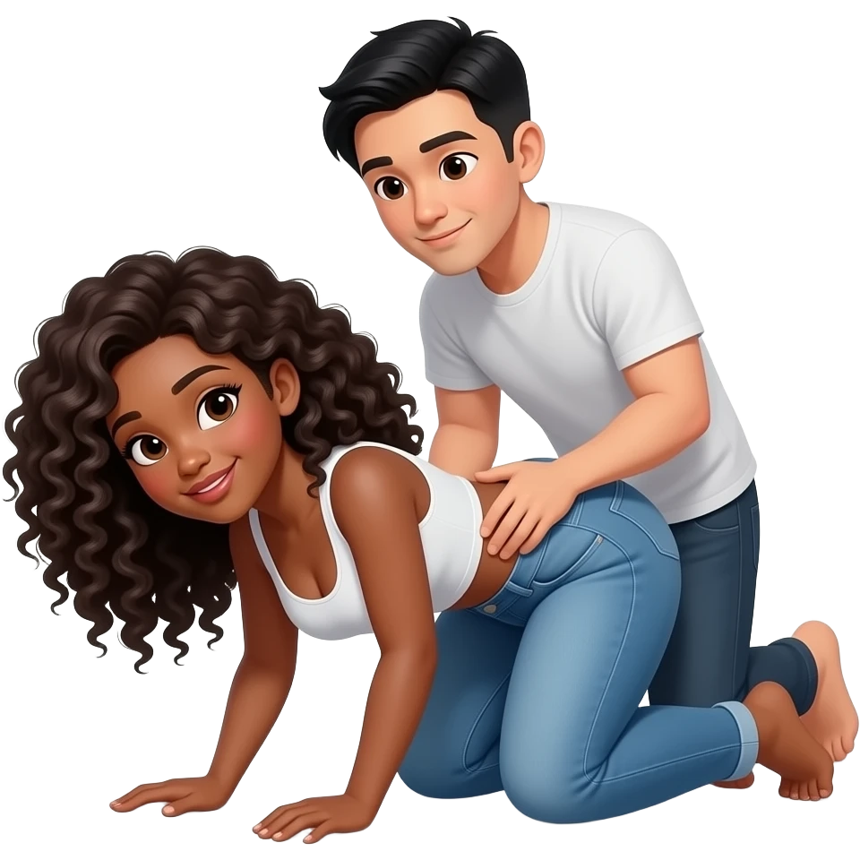Black Curly hair , small waist, large hips White Woman laying on her hands and knee and on her head with an asian man behind grabbing her waist emoji