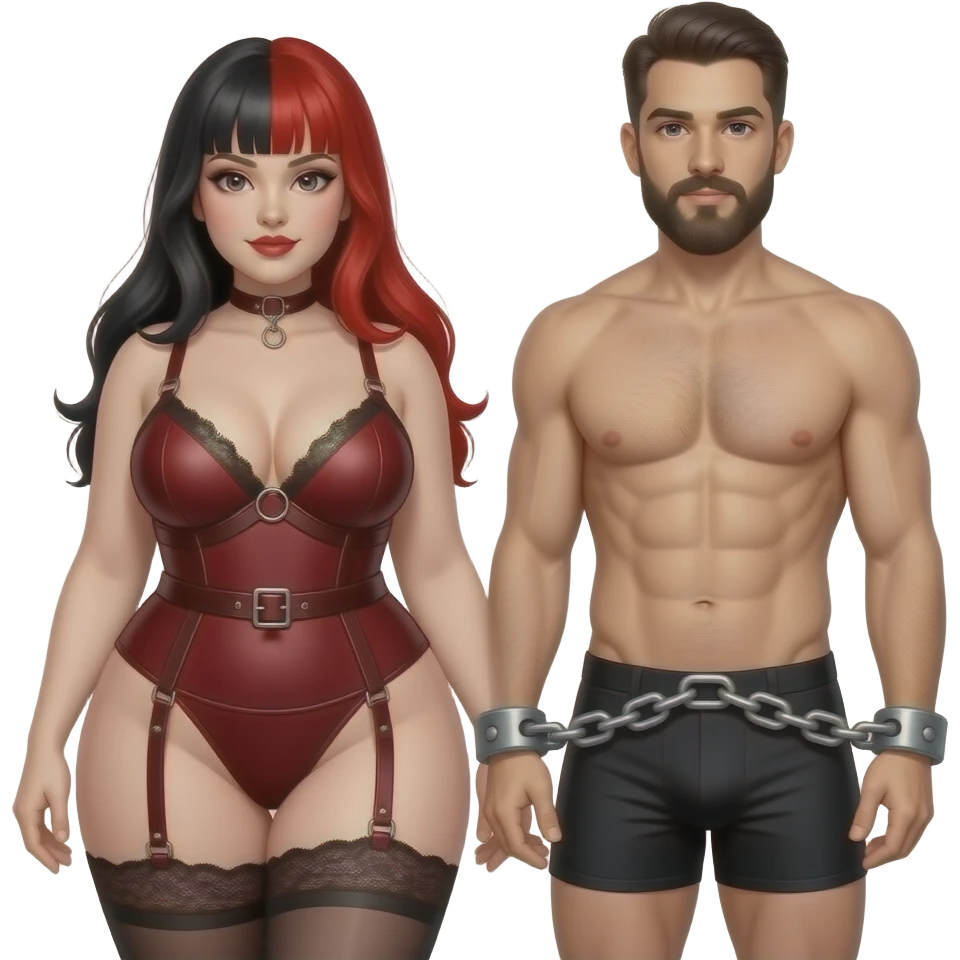 Dominatrix wearing a darkred bdsm style harness lingerie. White skin, chubby, dark Make the girl have long red and black hair and male partner in boxers getting chained up with goatee facial hair emoji