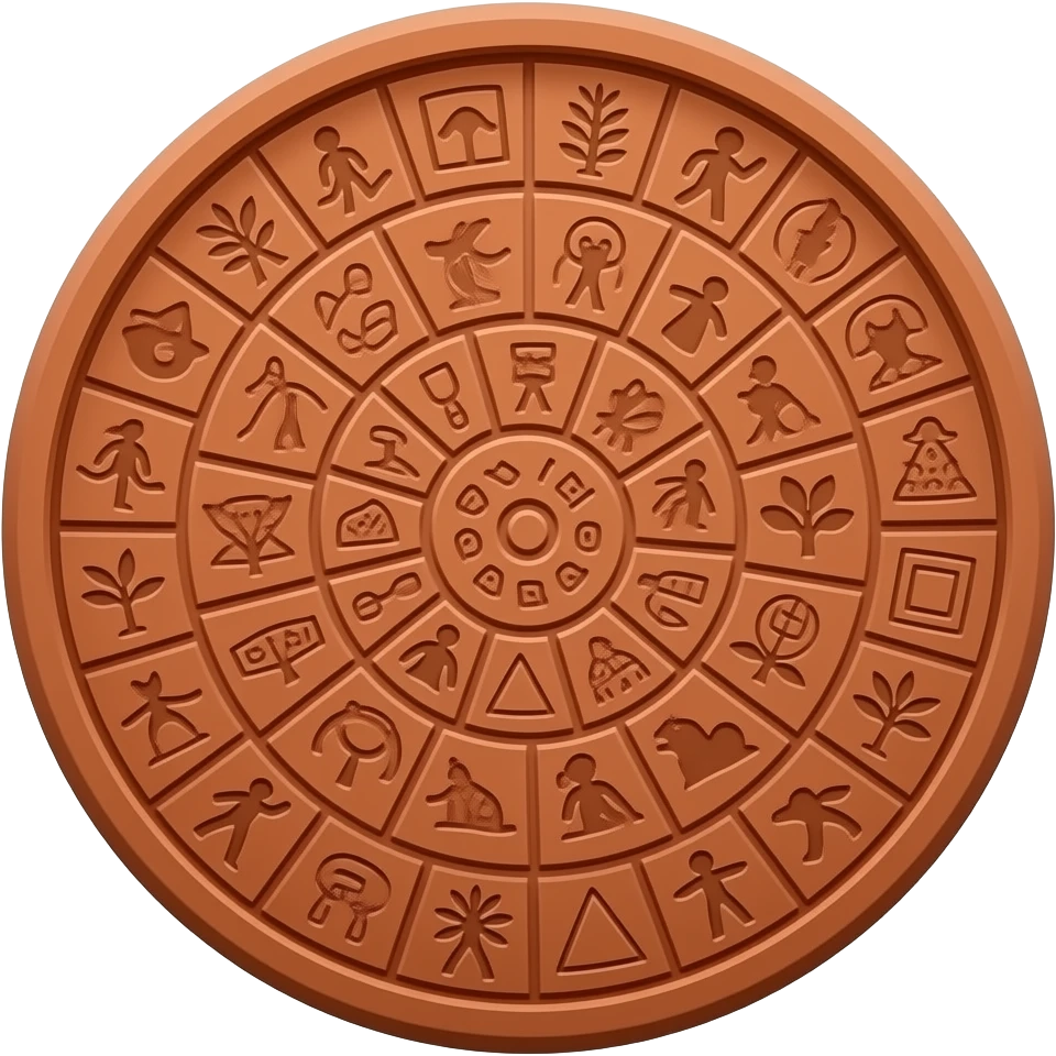 thick circular tablet of fired terracotta clay, with a warm reddish-brown surface and slightly irregular rounded edges. Its face is divided by deeply incised spiral lines into numerous compartments filled with stamped pictographic symbols of humans, animals, plants, tools, and geometric forms. emoji