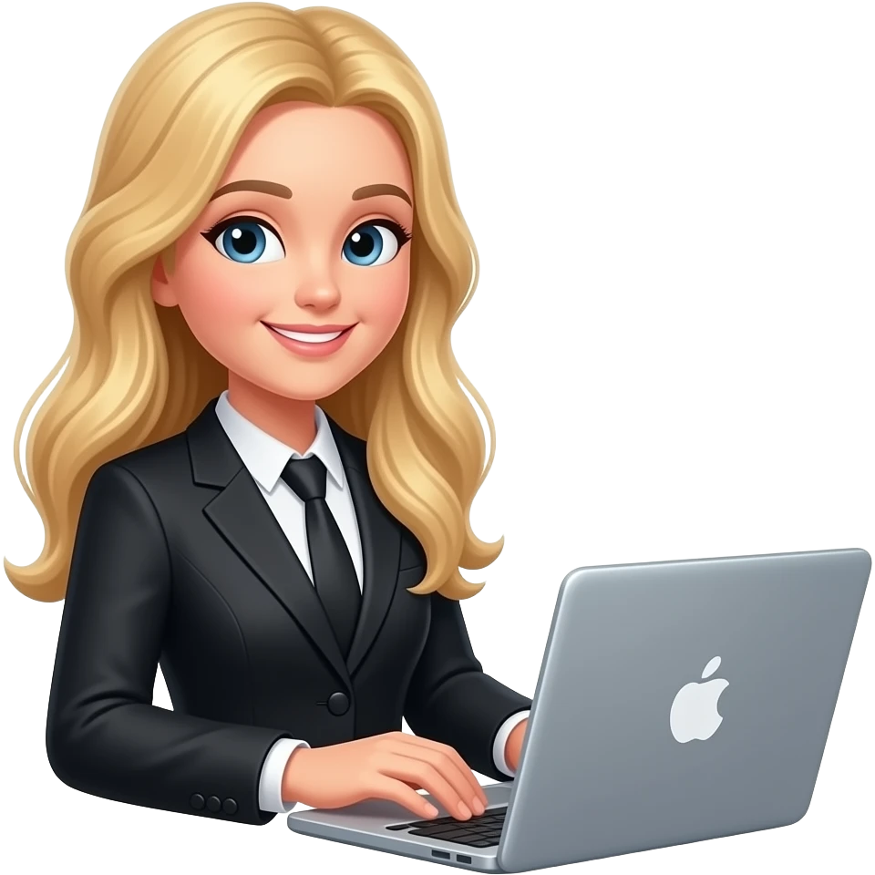 girl-with long blond hair-working at a laptop-in a black business suit-not smiling-on the side "no messages" emoticons emoji