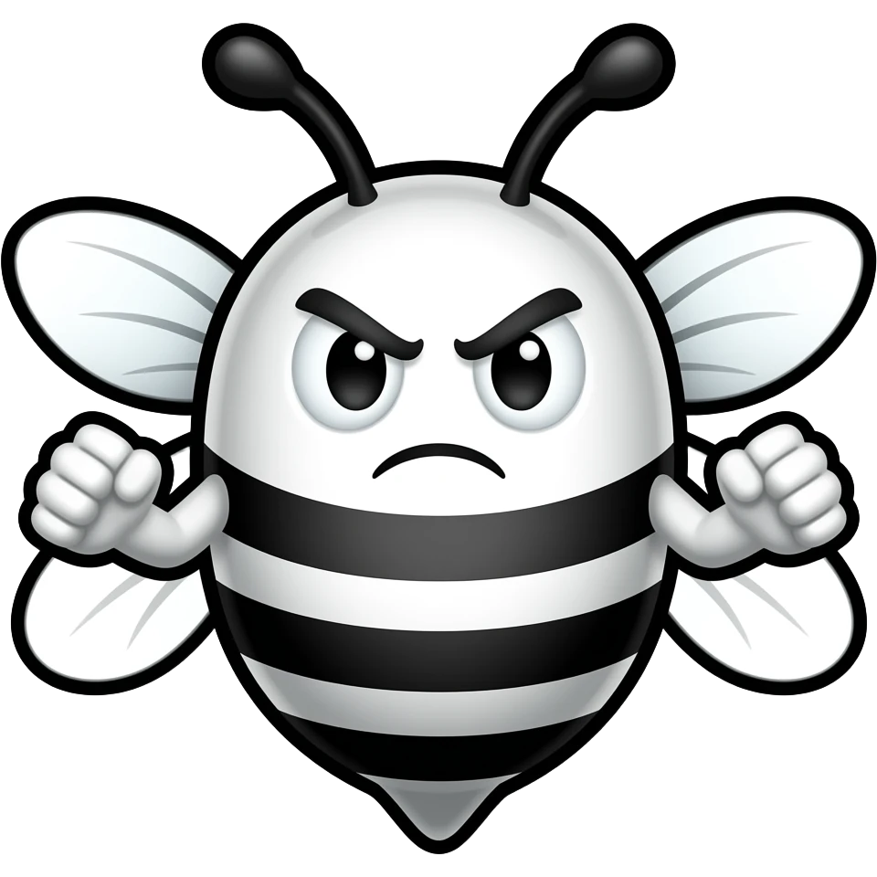 minimalist flat icon, angry bee emoji, black and white cartoon bee, thick bold outlines, white body with black stripes, big round eyes with angry eyebrows, clenched fists, transparent background, flat style, simple shapes emoji