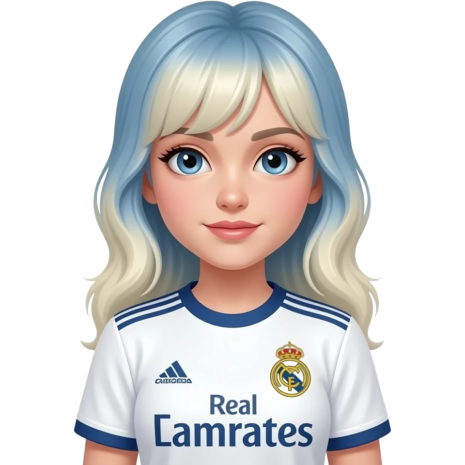Chica madridista de pelo rubio cenizo triste,camiseta del Real Madrid blanca emoji