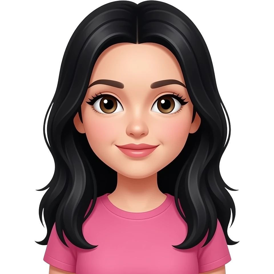 فتاة بيضاء ذات شعر اسود طويل برموش طويلة وكثيفة ترتدي تيشيرت وردي emoji