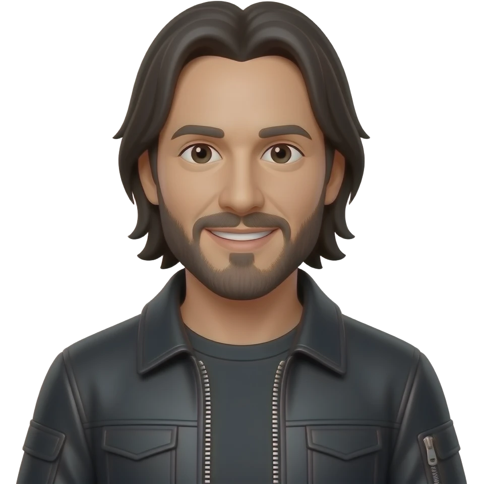 A minimalist, modern emoji icon of Keanu Reeves, 3D render, smooth texture, smiling with a confident look, wearing a sleek black cyber-style jacket. Isolated on a clean, solid white background, high resolution, 8k, Pixar style, vector art feel, vibrant lighting. emoji