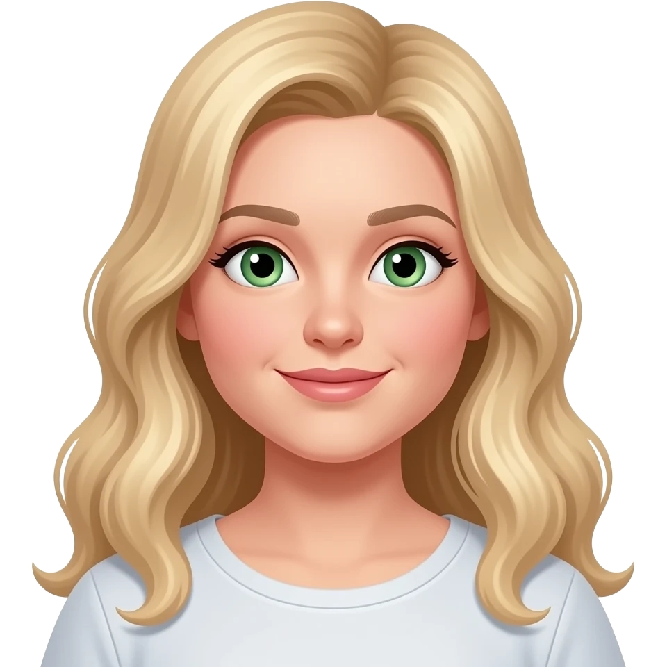 A white woman with long wavy blonde hair. She has green eyes. She is chubby. emoji