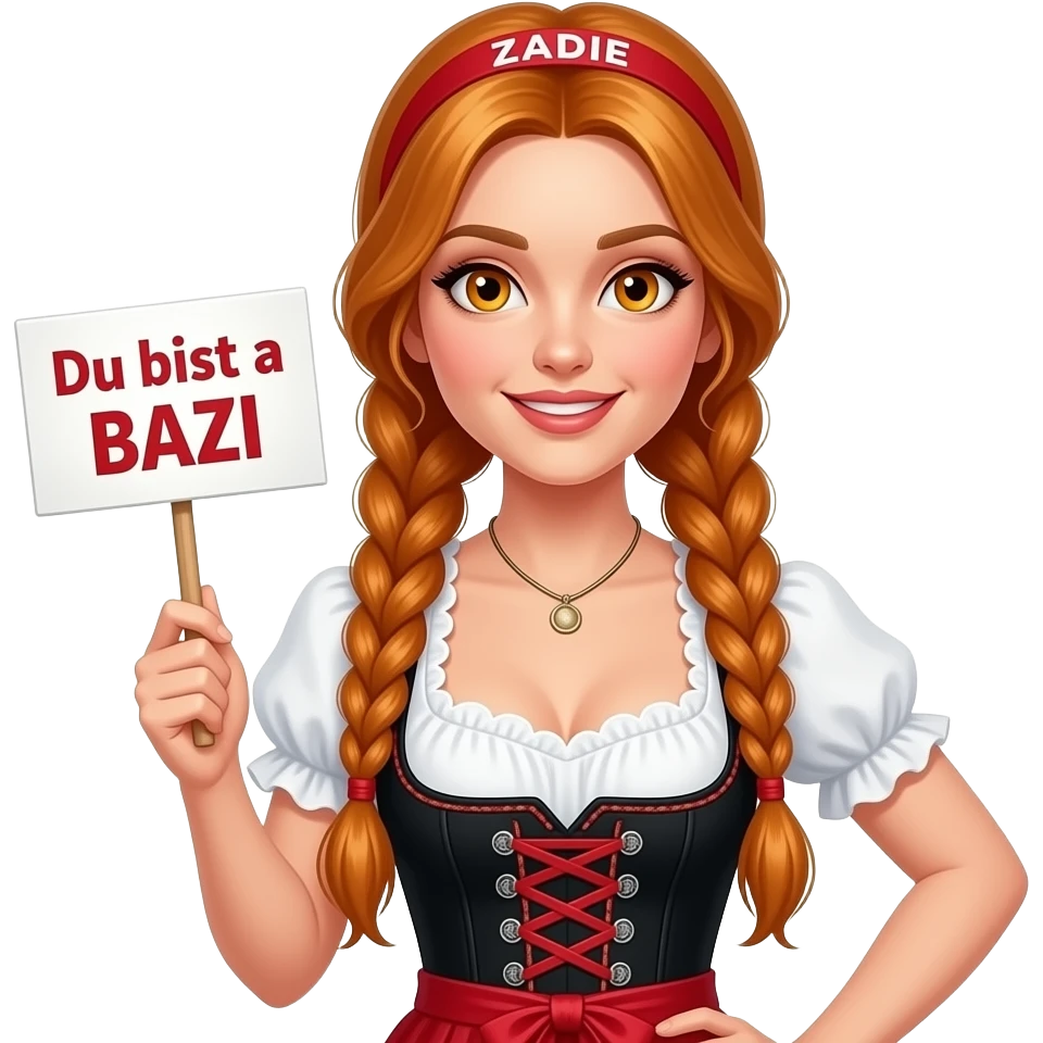 sexy girl with overlong ginger braids and ginger eyes wearing a black red dirndl and a red headband with ZADIE written on it, is holding a sign with Du bist a BAZI written on it emoji