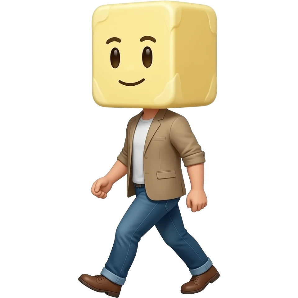 a butter headed person walking. The butter is rectangular emoji