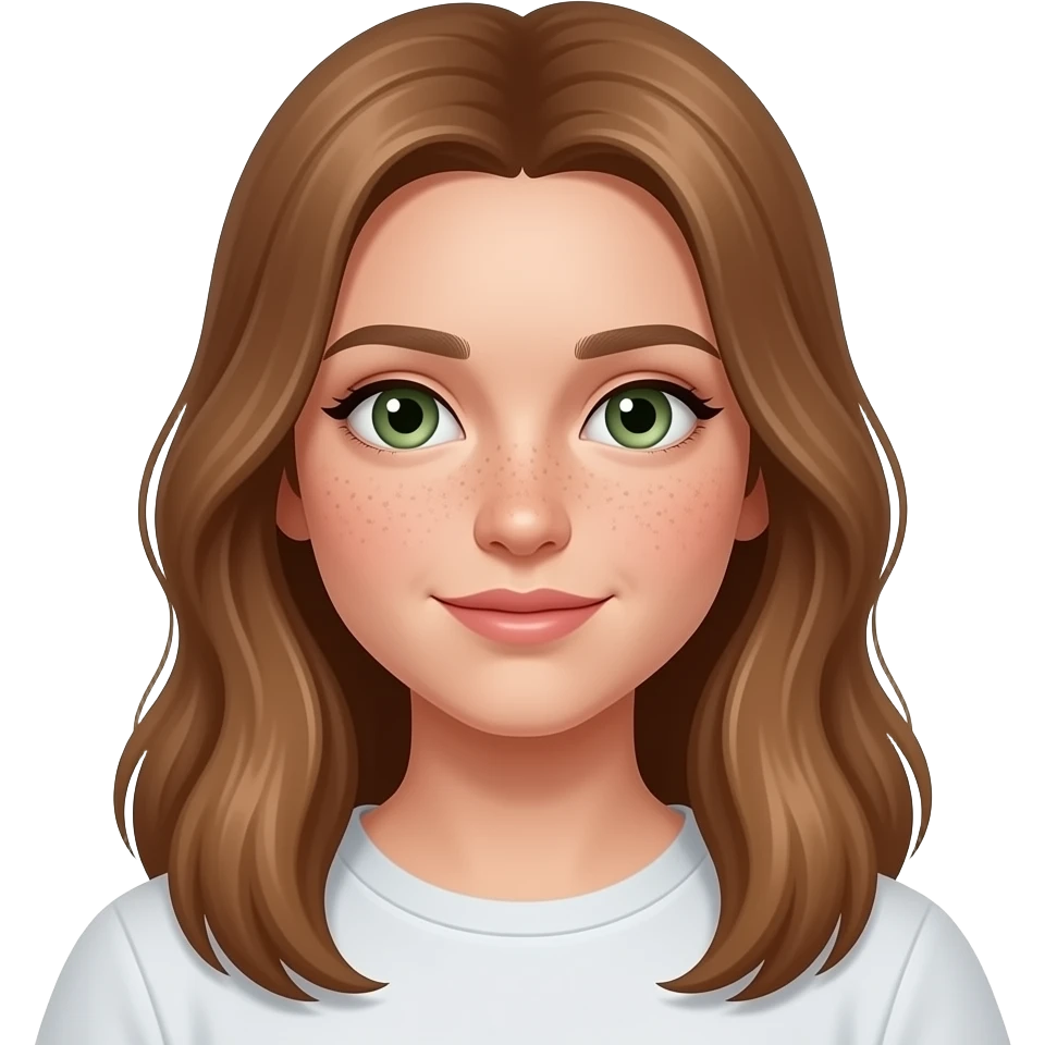 una cara con pecas. ojos verdes, cara blanca. con gafas bonitas15 añosahora sin gafas un poco mas joven pelo marron claromujer con pelo largo transparentes para ver. emoji