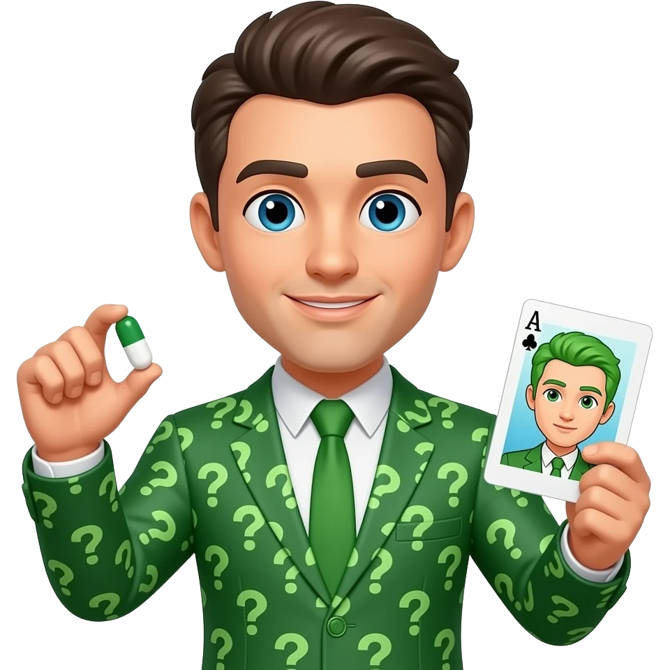 make suit green with question marks and holding pill in one hand and playing card with green hair emoji