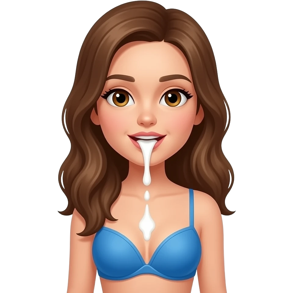 فتاة ترتدي حمالة زرقاء ويخرج من فمها حليب وبشره بيضاء emoji