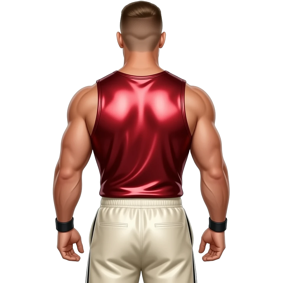 John Cena from behind with crimson metallic vest, ivory metallic baggy joggers, shirtless emoji