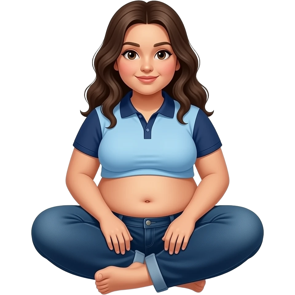 Obese Hispanic girl with brown hair and light blue and dark blue cropped polo with fat belly button and dark blue baggy jeans sitting down barefoot emoji