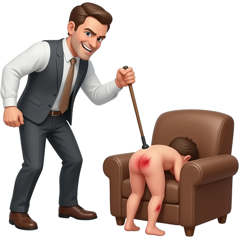 A cruelly smiling clothed man with a thin cane beating the bottom of a small, crying, naked man bending over the back of a brown armchair, his head down on the seat of the chair, legs hanging down the back of the chair,buttocks up high over the back of the chair and his red buttocks very bruised. emoji