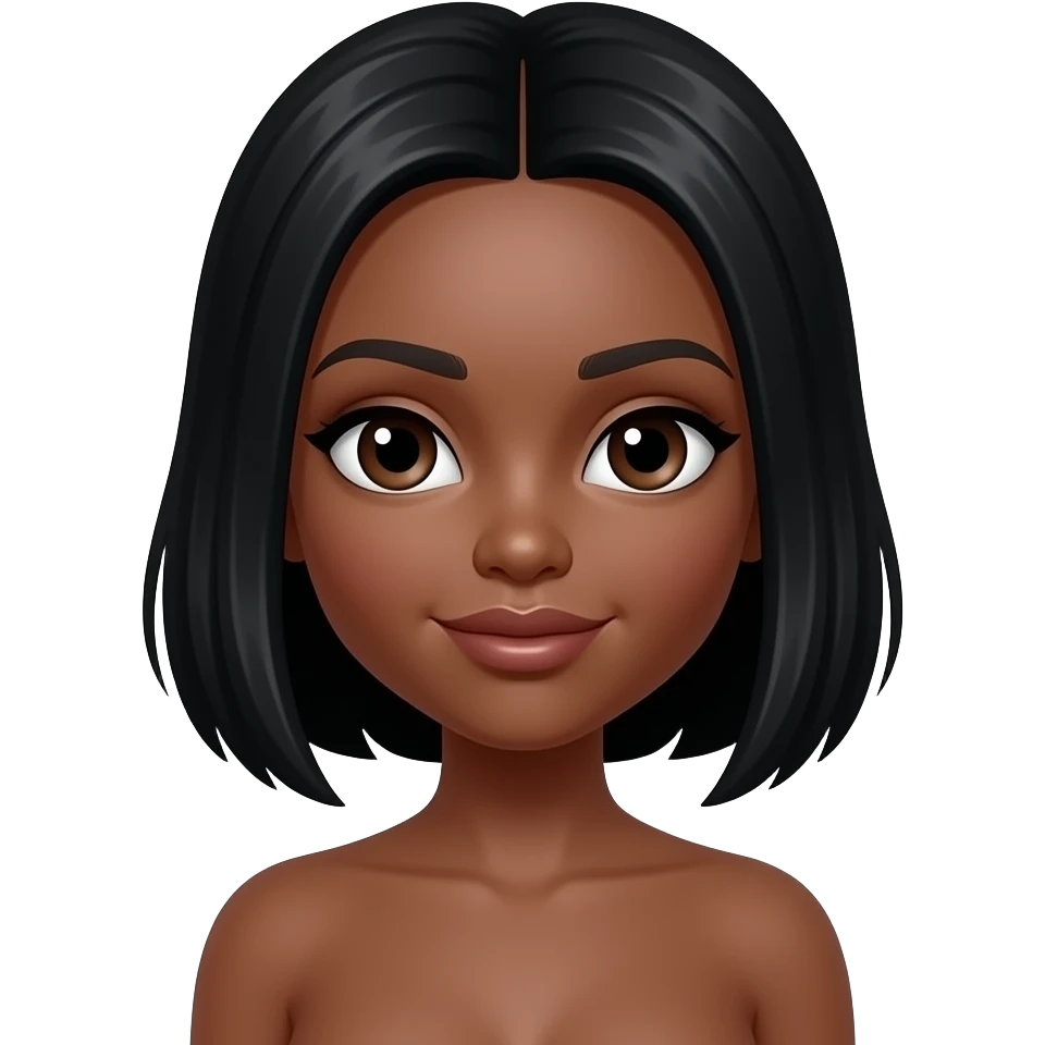 Dark skin girl, middle part black hair, m cup breast, with no bra, doll  eyes, doll face shaped emoji