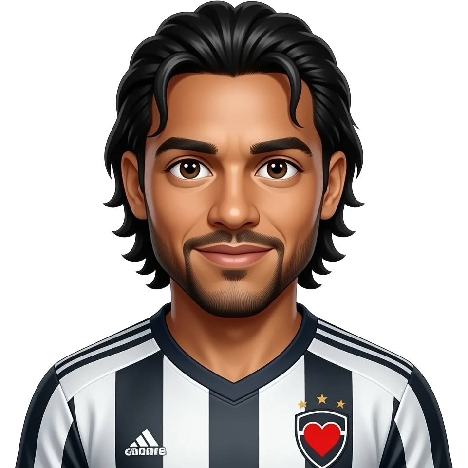 3D cartoon emoji Ronaldinho, chest-up only, centered, same hair and beard, glossy football jersey, colorful mobile-game style, 1 tiny hidden red heart inside beard shadow, no text emoji