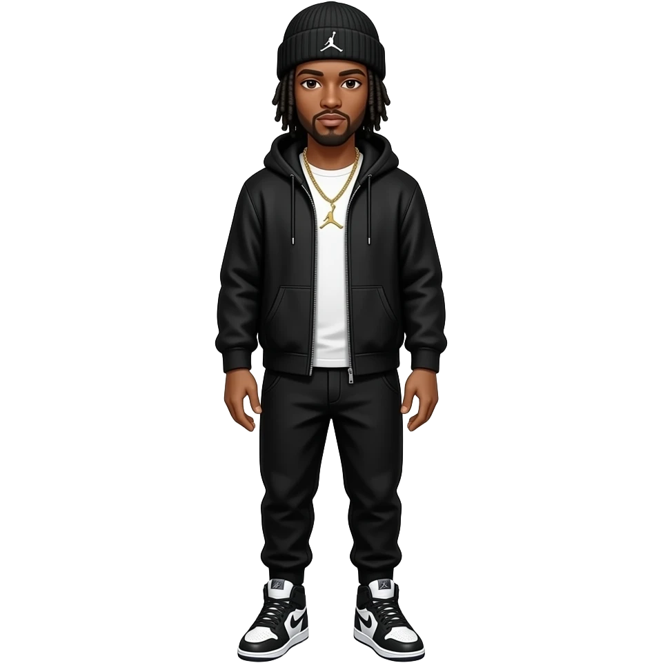 add a white sleeveless shirt black dreeds and gold chain give him Jordan 4s shoes on his feet full bodied view give a black zip up hoodie with hood half way up give him a black binni emoji