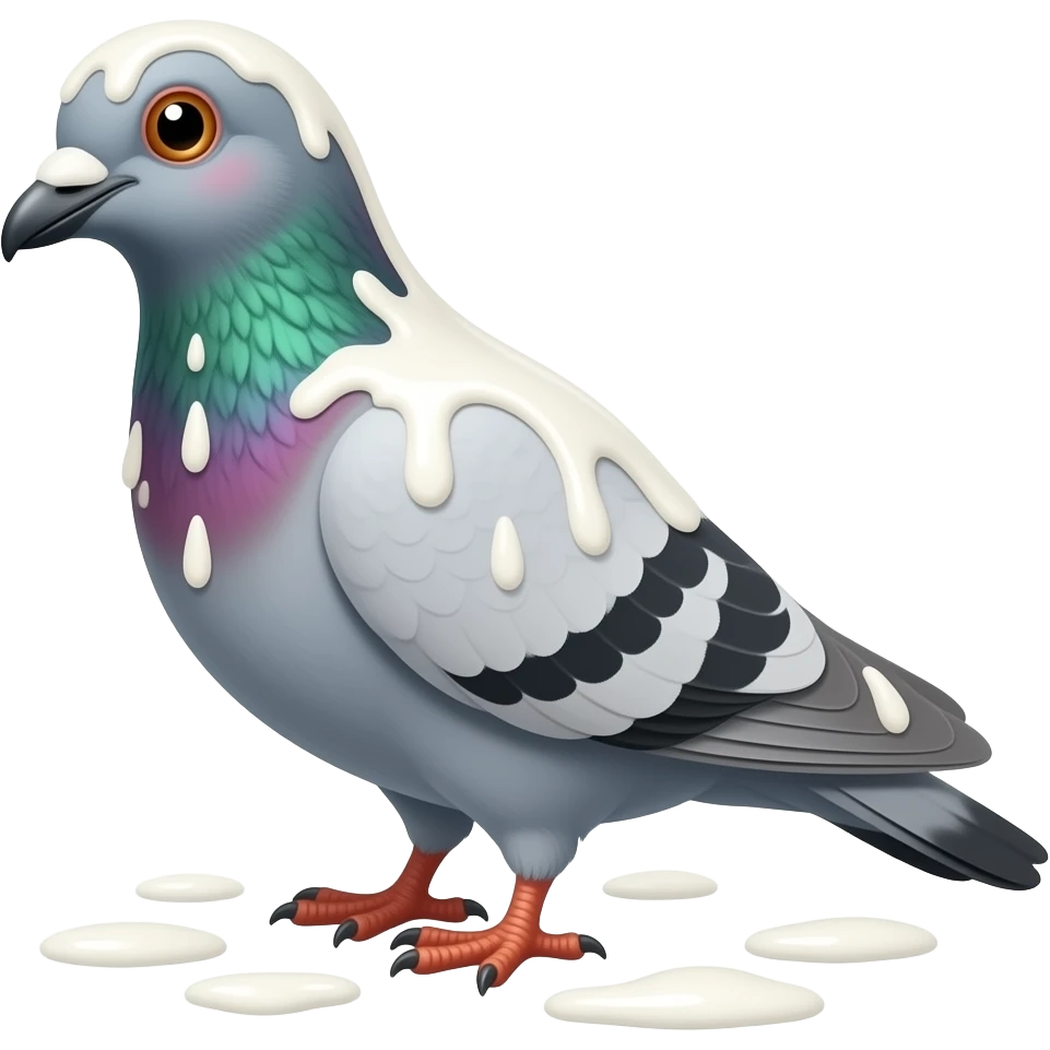 Pigeon covered in milk, all over the Pigeon, milk, he is smiling emoji