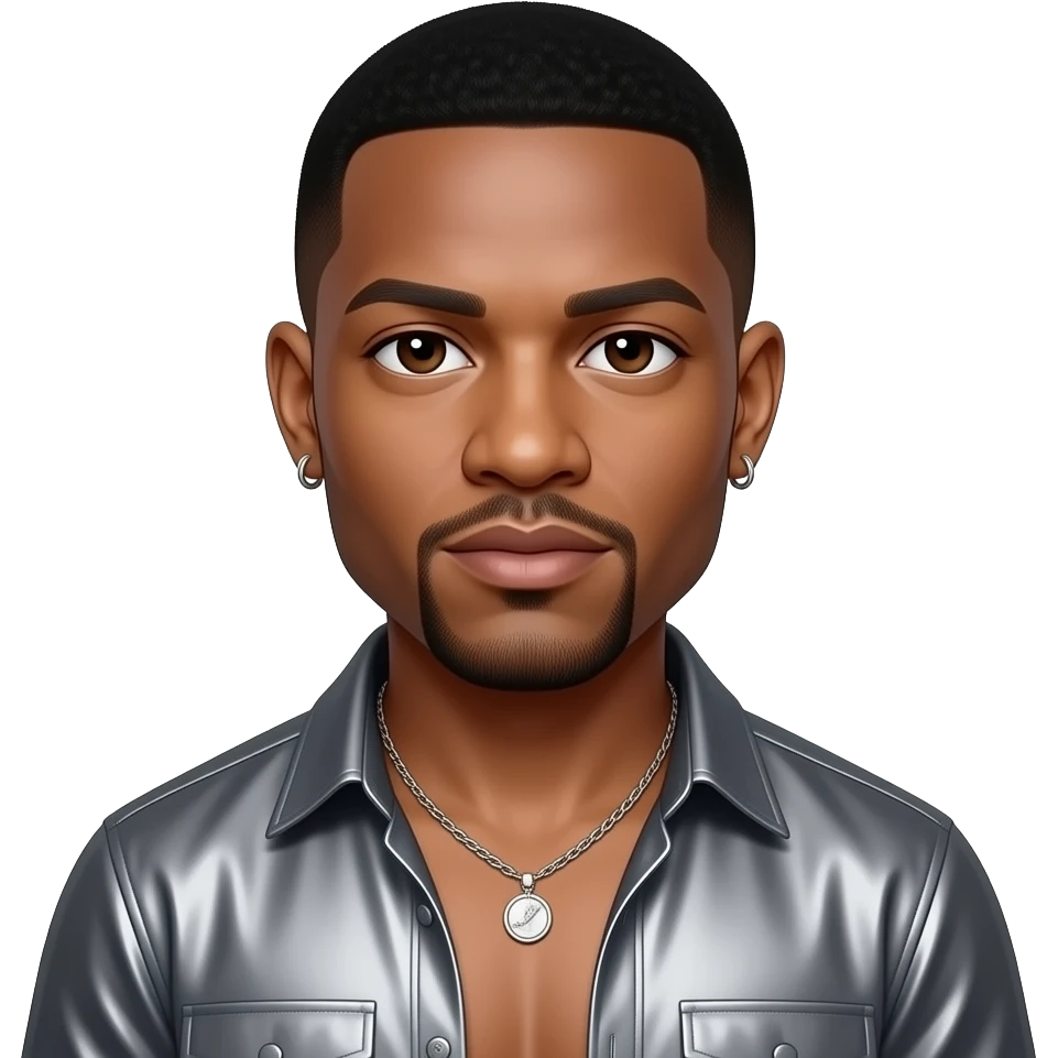 Michael Bivins from New Edition with dark brown eyes, black low fade hair, grey metallic shirt, shirtless with necklace and earrings emoji