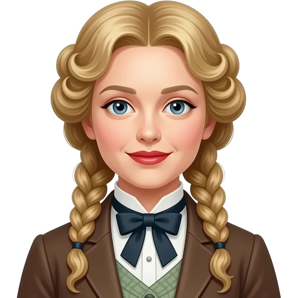 Victorian look with blonde hair in curly tendrils, Victorian outfit with red lipstick emoji