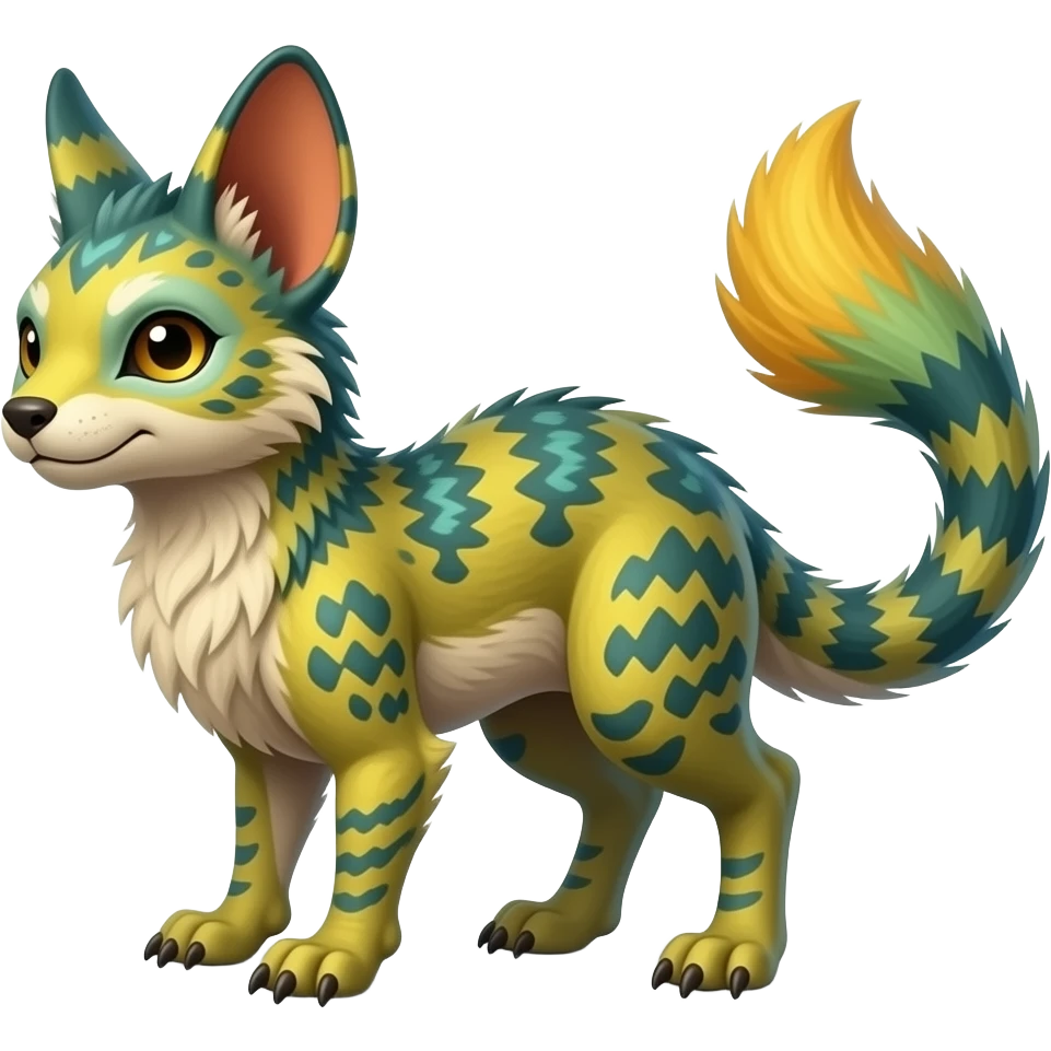 Feral Rare Fantasy vibrant colorful tropical Vernid-Trico-species by LiLaiRa, random markings, tufted tail, tufted ears, full body emoji