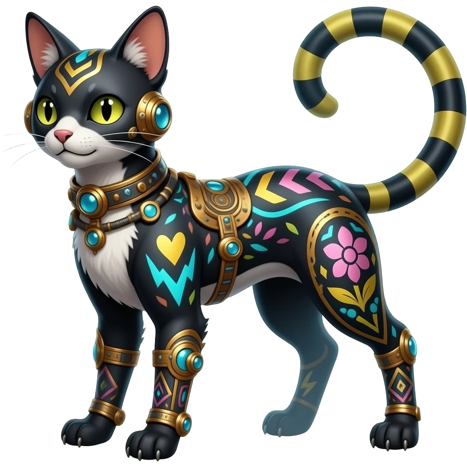 scaly spunky gothic Realistic tall slim unique original shiny edgy cool steampunk-cyberpunk-solarpunk-fantasy-Civet-Absol-Sprigatito-Vaporeon-Fakémon-hybrid with tribal chevron heart floral lightning bolt strikes damask paisley markings emoji