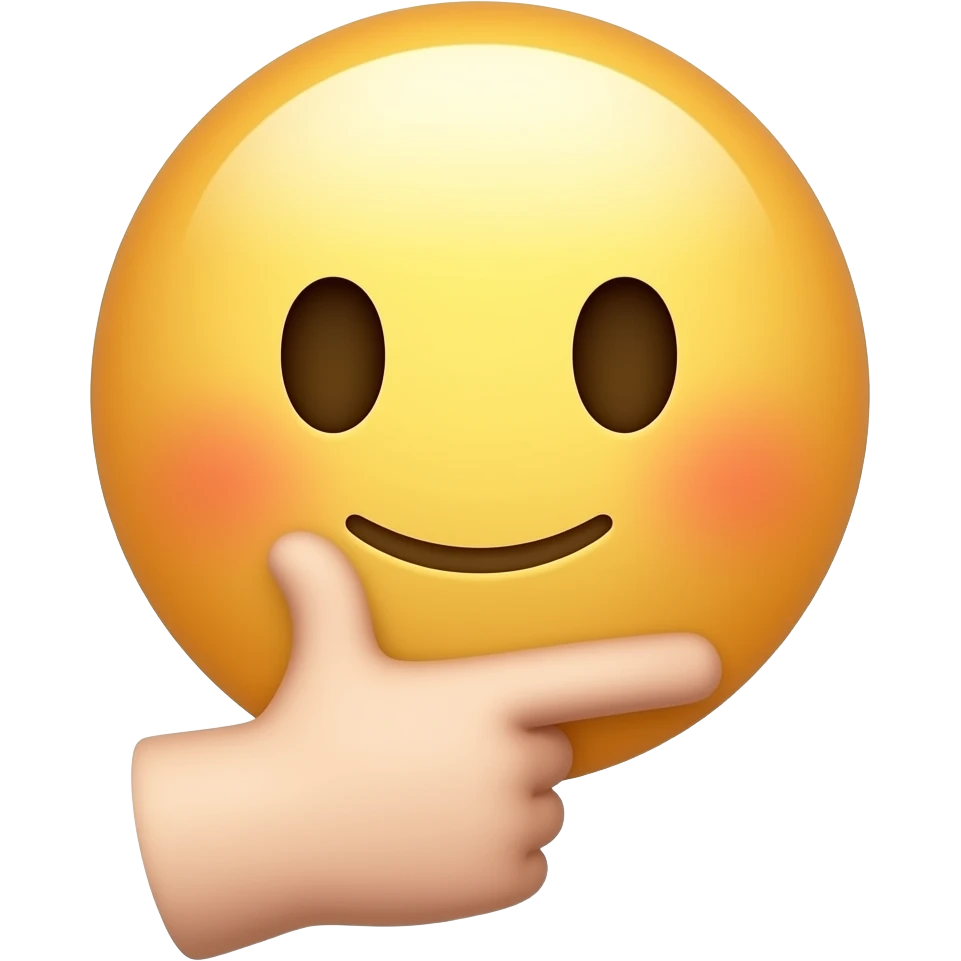 iOS-like 3D emoji face, hand under the chin making a V pose with two extended fingers, four visible fingers total, thumb hidden, cute calm expression, glossy soft texture, white background, centered. emoji