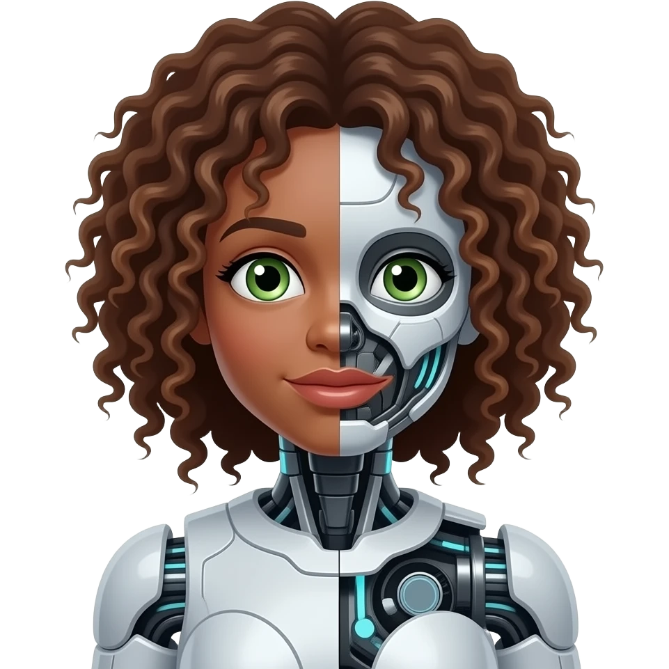 Make a half girl half robot and have the head part be the human and the body robot and make the girl a black girl  with light brown curly hair with light green eyes emoji