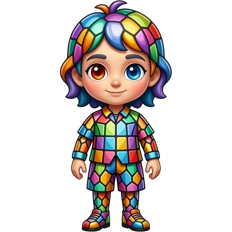 A full-body living stained-glass storyteller with a big head and small ...