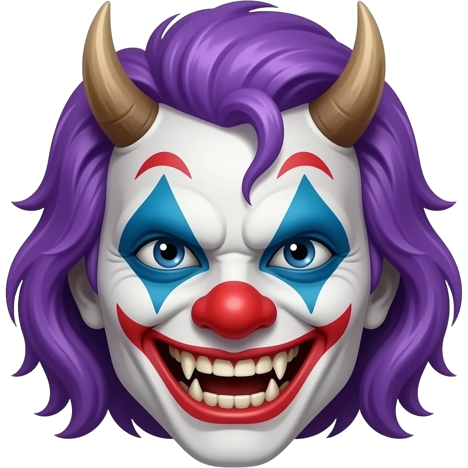 An evil , demonic clown with purple hair, head only, wicked grin, hyper real, crazy makeup, scary, hyper real, ultra real, no horns emoji