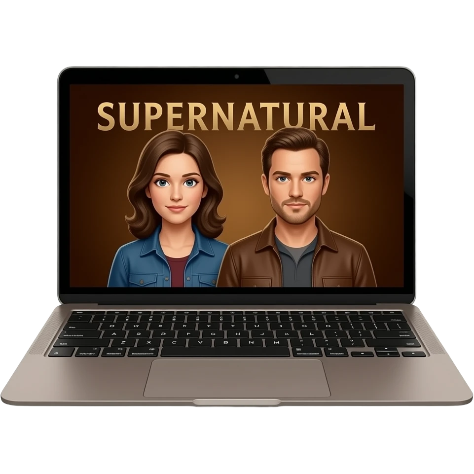Ультрареалистичный тёмно-коричневый MacBook с заставкой сериала написано «SUPERNATURAL» чуть размазанно верх и вниз, где на заднем фоне  дин и сэм винчестеры мужчины они выглядят и одеты так же как в сериале на коричневом фоне emoji
