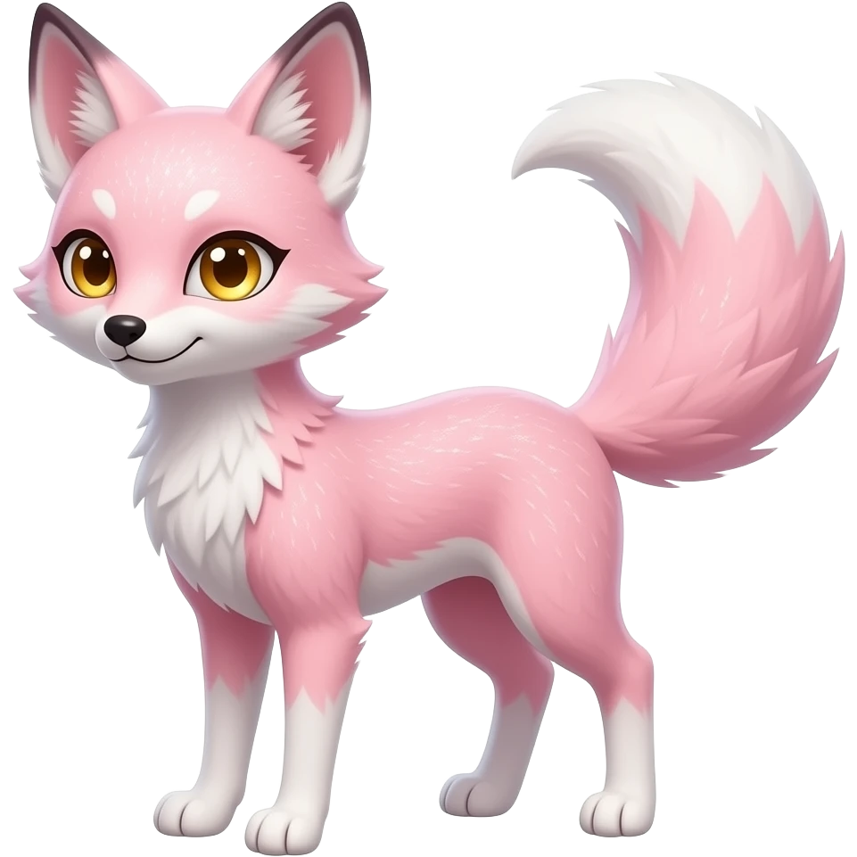 Sakura petite tall thin realistic scrawny fawny golden-eyed sparkling glittering pastel pink and white oriental Kitsune-fox, tall furry legs, long thin tail, long thin tufted ears swept backwards emoji