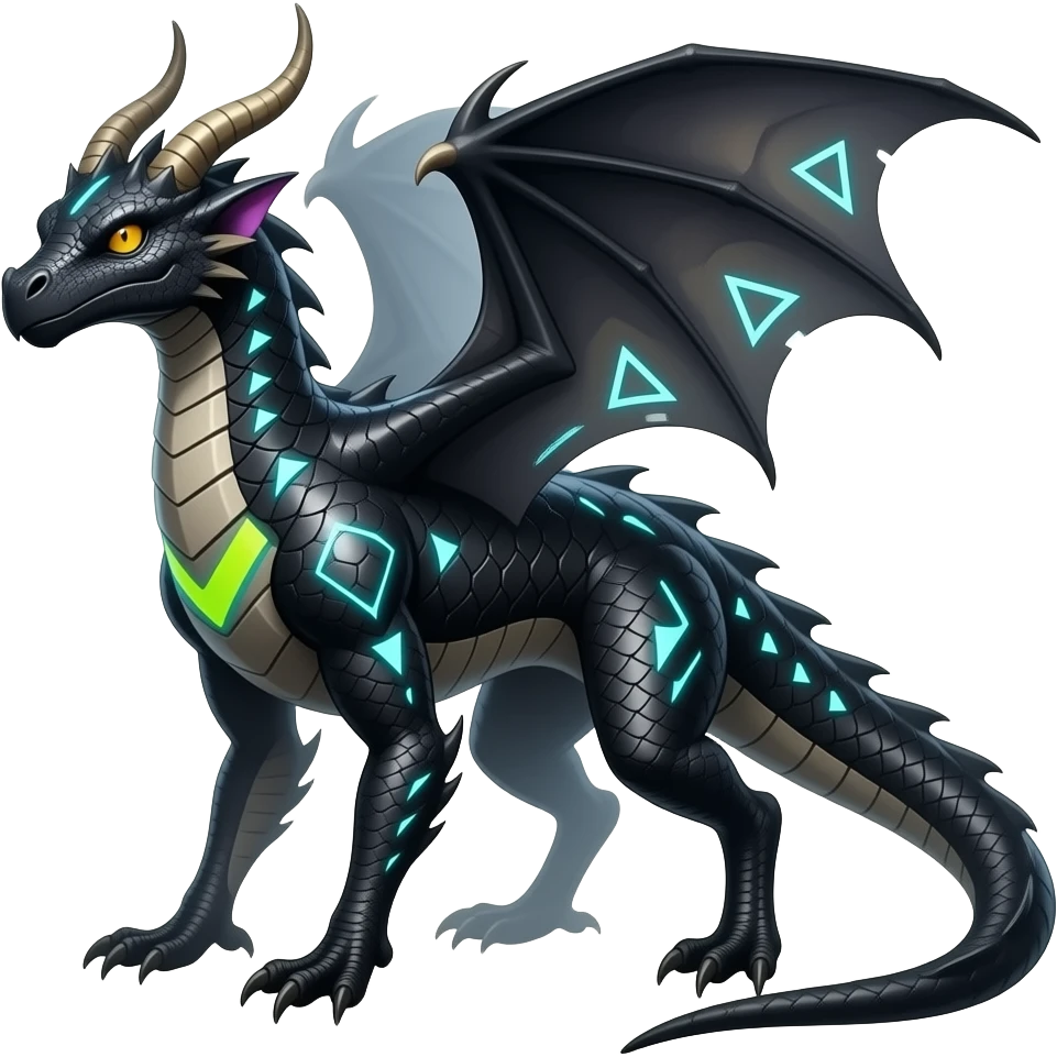 Cool edgy horned black-scaled with neon-colored triangular stripe markings draconic raptorik digitigrade bipedal futuristic fantasy-Cyberpunk- emoji