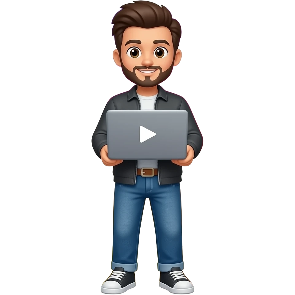 social media publisher with laptop uploading video emoji