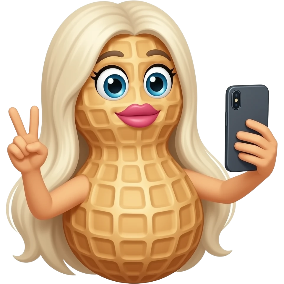 An anthropomorphic peanut with a peanut face long platinum blonde hair and plump lips makes a peace sign while taking a selfie on her phone emoji