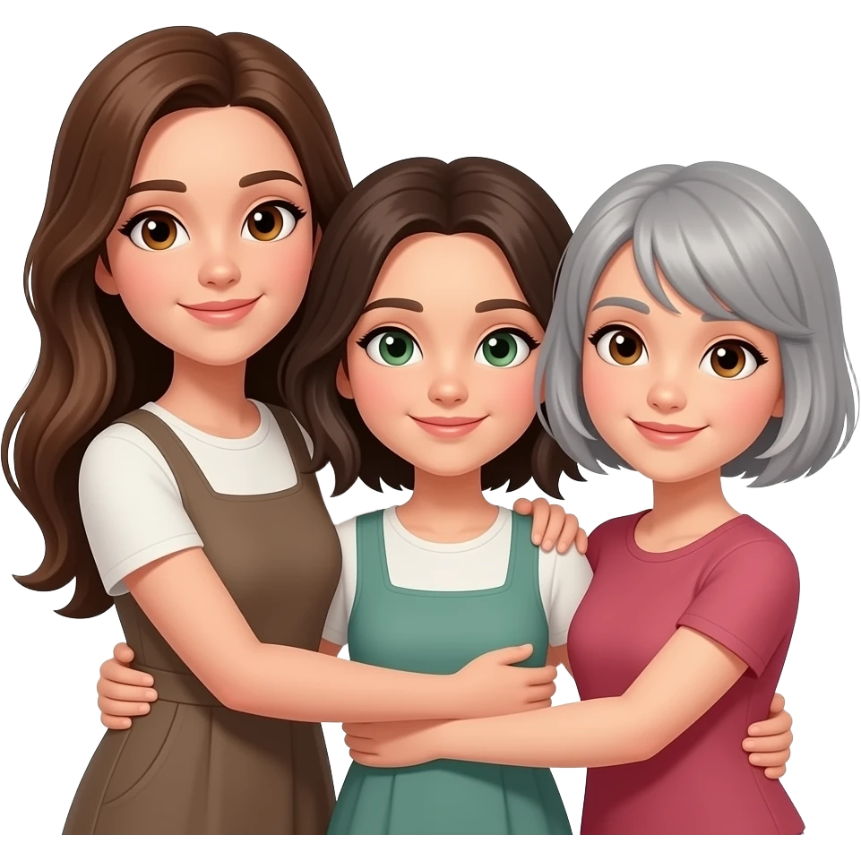3 sisters all same height 1 long brunette hair,  1 shaggy hair to shoulders 1 grey short hair all hugging the one on the left hazel eyes, the middle one green eyes, the right brown eyes the girl with long hair has hazel eyes emoji