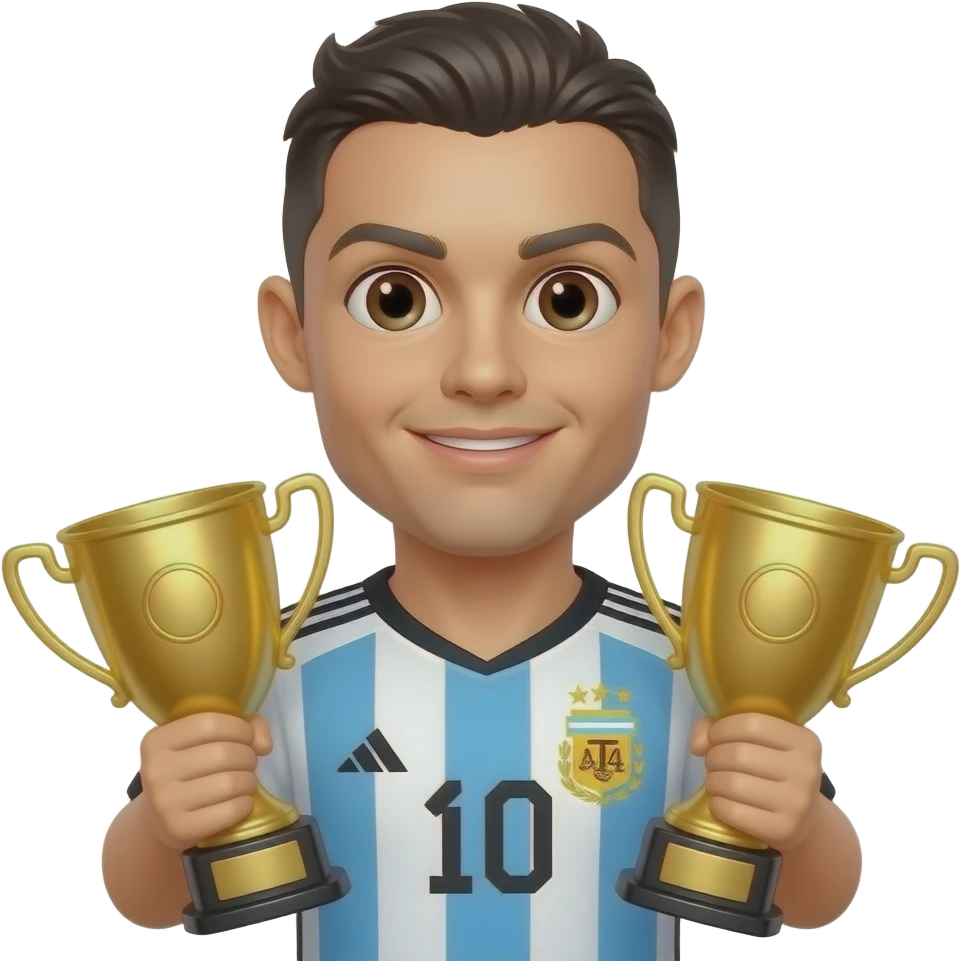 Cute 3D Ronaldo emoji wearing Argentina jersey, holding 2 golden trophies on chest, big eyes, vibrant emoji style, isolated white background emoji