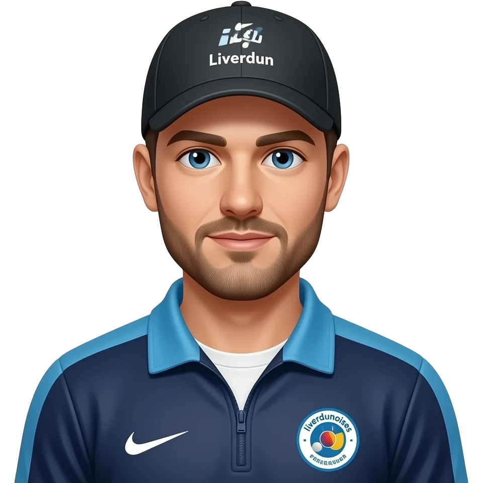 visage homme veste jogging bleu marine col et épaules bleu clair et logo pétanque liverdunoisecasquette noire logo Liverdun emoji