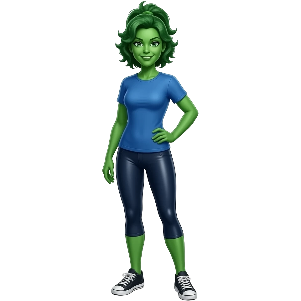 Full body woman green she-hulk wearing blue outfit tshirt and tights with pixie mohawk hair emoji