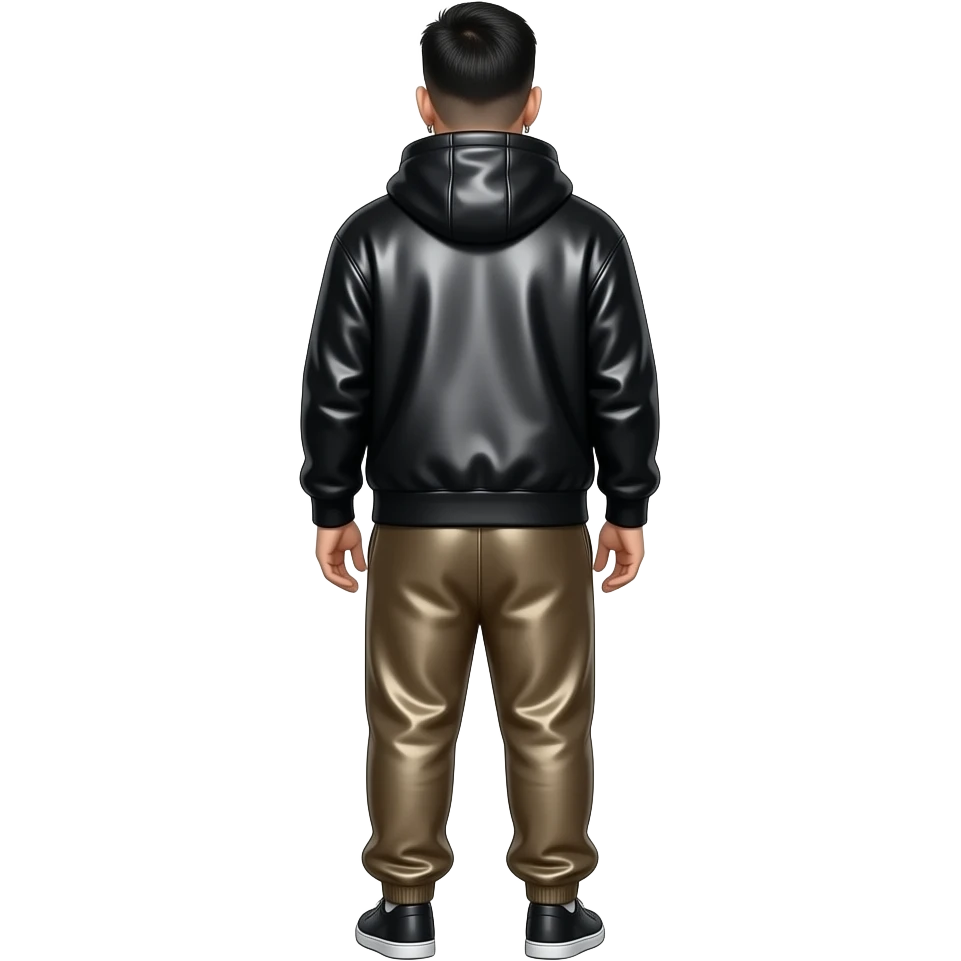 Mike Shinoda from behind with black metallic hoodie, dark beige metallic baggy joggers emoji