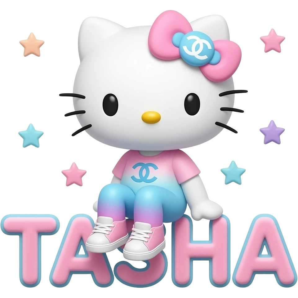 4D Velvety fur texture hello kitty wearing ombre white and blue and pink ombre pastel colored leggings and sneakers, and with the Chanel symbol on her ombre pastel bow sitting sideways on top of the letter H on velvety 3D outlined letters TASHA surrounded with tiny ombre pastel stars made of candy emoji