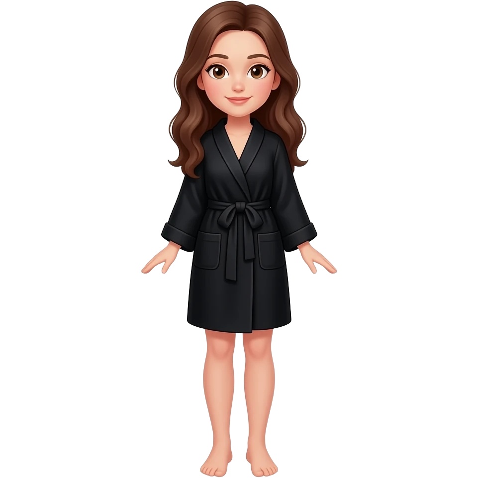 white long brunette hair girl with brown eyes in a black bathrobe with long legs emoji