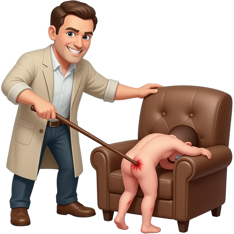 A cruelly smiling clothed man with a thin cane beating the bottom of a small, crying, naked man bending over the back of a brown armchair, his head down on the seat of the chair, legs hanging down the back of the chair,buttocks up high over the back of the chair and his red buttocks very bruised. emoji