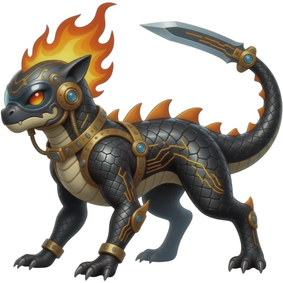 Cool edgy fiery bipedal scaly cybernetic visor-helmeted, Circuitry-patterned black-scaled digitigrade futuristic fantasy-Cyberpunk-Steampunk-Solarpunk-Sharpedo-Genesect-Cyclizar-Salandit-Protogen-Fakémon-hybrid, tail blade, back spikes emoji