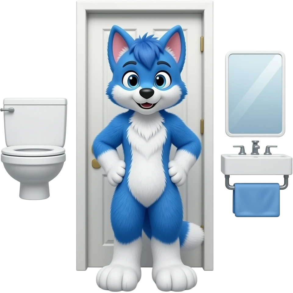 blue fursiut standing outside bathroom door, hands on butt emoji
