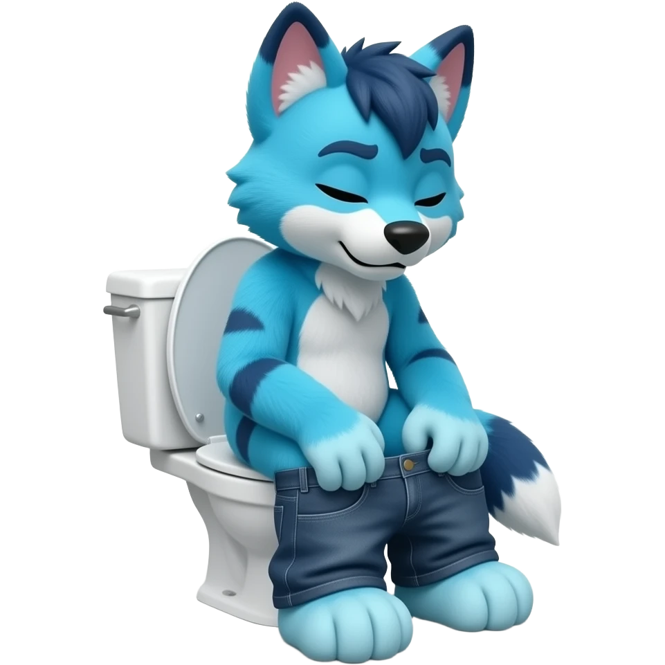 blue fursuit sitting on toilet, side view , pants down, pushing, eyes closed, straining face, sweating face emoji