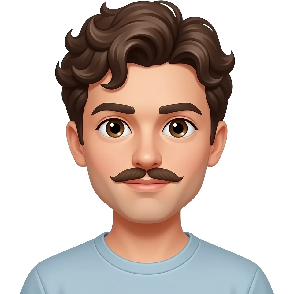 young 20's male with curly brown hair and slight mustadhe emoji