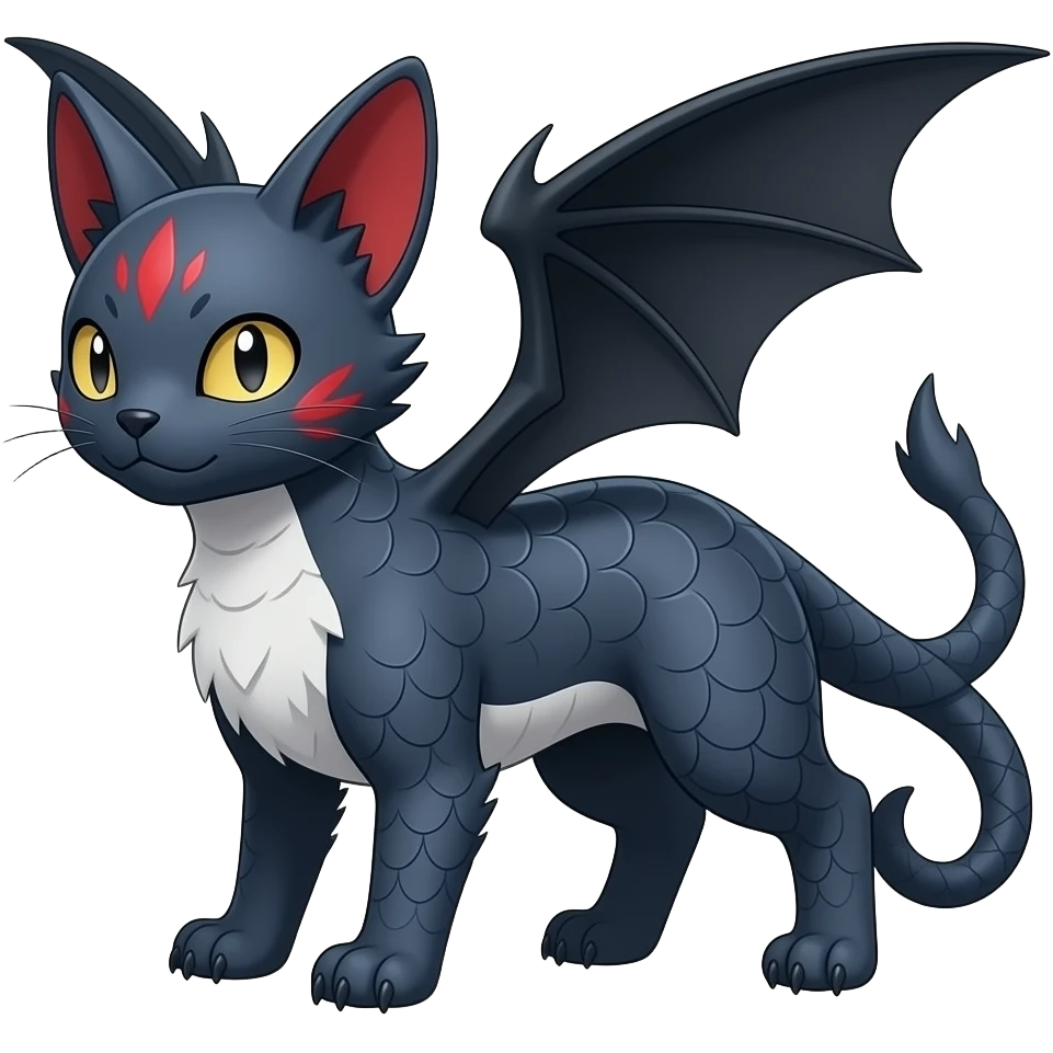 Realistic Digitigrade quadrupedal gothic cool edgy cute midnight scaly blue-gray-black, with red markings, white belly, scaley Bastet-Salandit-Absol-Umbreon-Litten-Noibat-Digimon-Fakémon-Pokémon-creature (full body), with bat wings as ears emoji