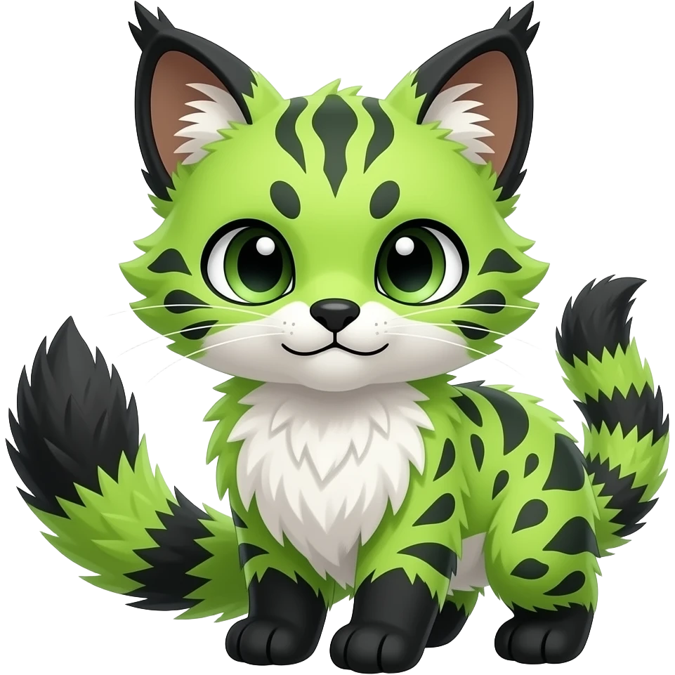 Cute kawaii cool edgy badass neon-green fur with obsidian-onyx-black points and snowy-white belly fantasy-caracal-civet-genet-sergal-vernid-Gryphon-Cacomistle-Trico-oncilla-animal-Fakémon-hybrid-fursona (full body), facial markings, (realism style) emoji