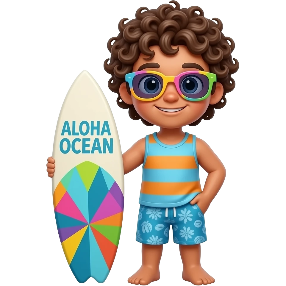 A chibi 3D illustration features a young man with curly brown hair, wearing colorful sunglasses, a blue and orange striped tank top, and patterned blue shorts. He is standing and holding a surfboard with a vibrant geometric design and the text "ALOHA OCEAN" on it. emoji